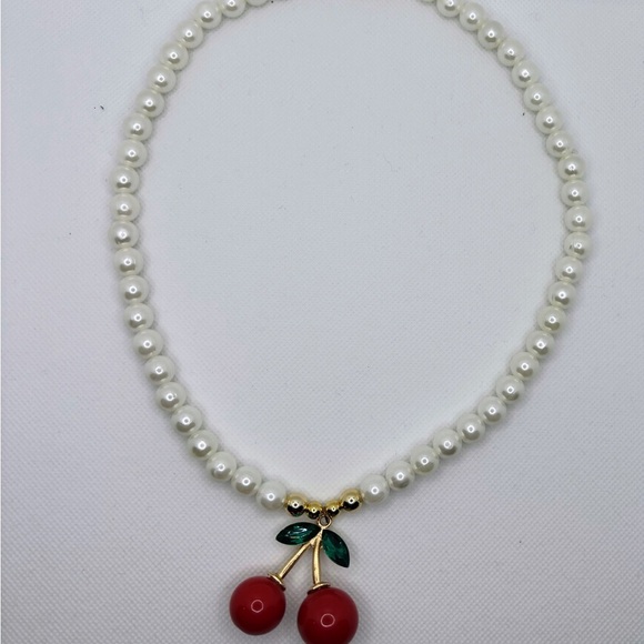Handmade White Pearl and Red Cherry Necklace - Picture 2 of 4